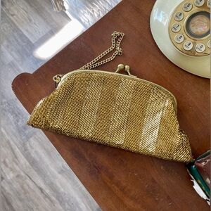 Vintage The Limited Handmade Gold Beaded KISS Lock Snap Clutch Wristlet Bag